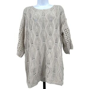 Oatmeal Beige Open Knit Tunic Sweater Crocheted Elbow Length Sleeves Women's 1XL